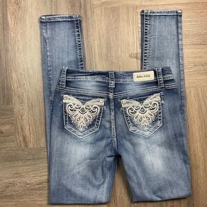 Vintage Bonage Jeans Womens 9 Blue Baroque Lace Rhinestone Pocket Skinny Denim